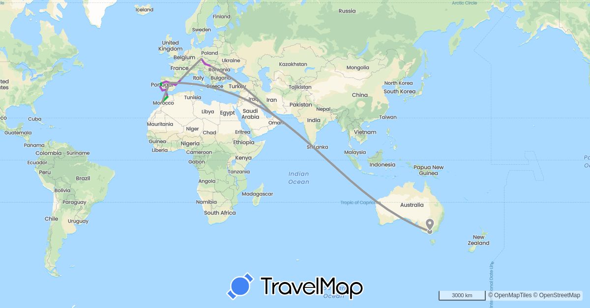 TravelMap itinerary: bus, plane, train, boat in United Arab Emirates, Austria, Australia, Czech Republic, Spain, Hungary, Morocco, Portugal (Africa, Asia, Europe, Oceania)